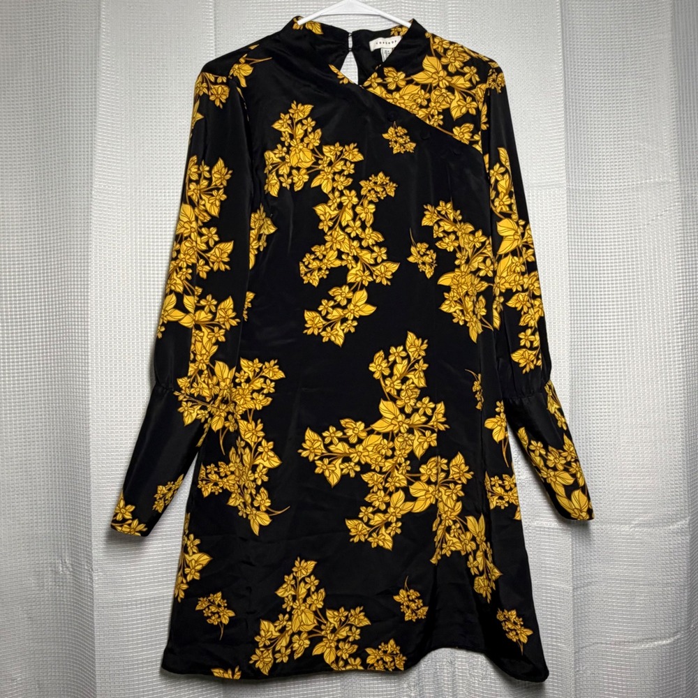 Topshop Mini Dress 8 Black Yellow Floral High Neck Keyhole‎ Back